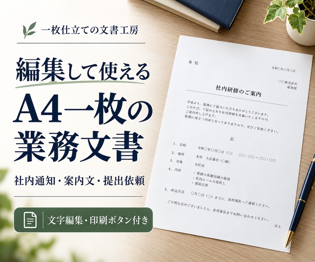 編集して使えるA4一枚の業務文書を作ります ブラウザで文字を直せる、印刷ボタン付きの実務書式 イメージ1