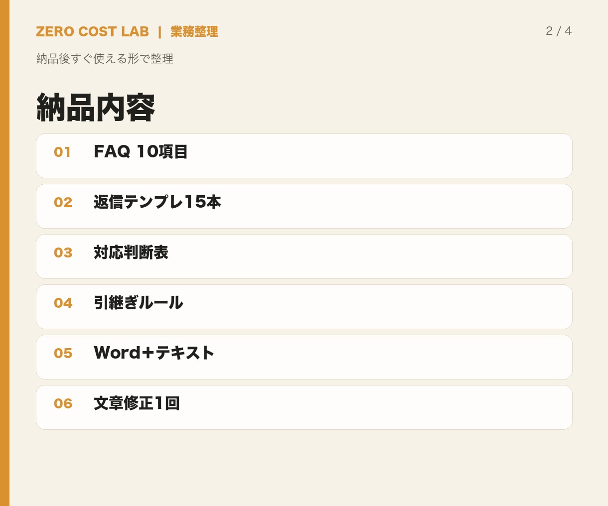 問い合わせ対応のルール一式を整えます FAQ・返信文・判断基準をまとめて対応迷いを減らします イメージ2