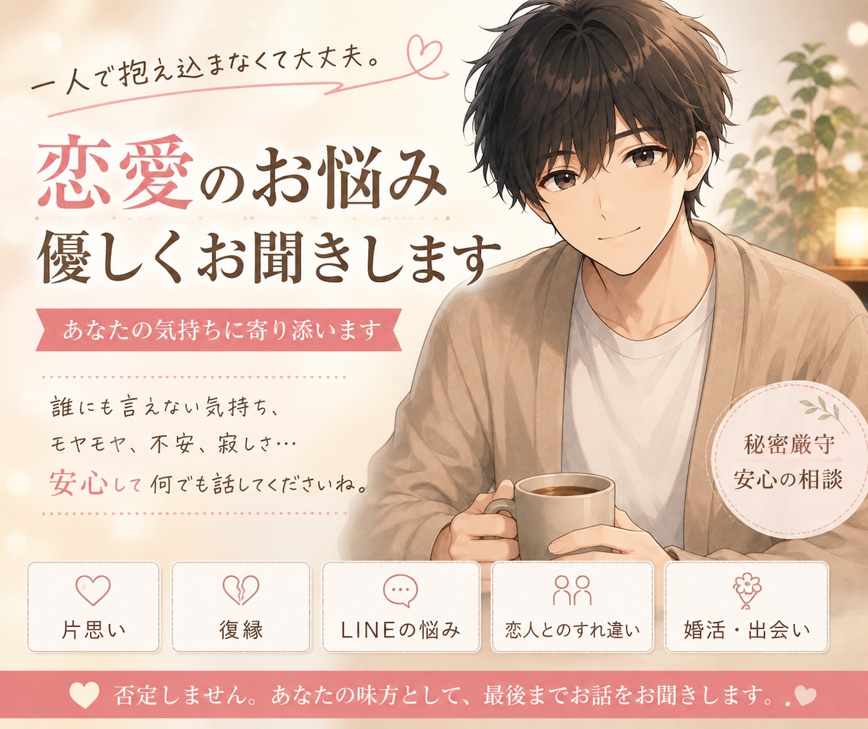 恋愛・復縁・片思いのお悩みを優しくお聞きします 「大丈夫。」その一言が欲しいあなたへ。 イメージ1