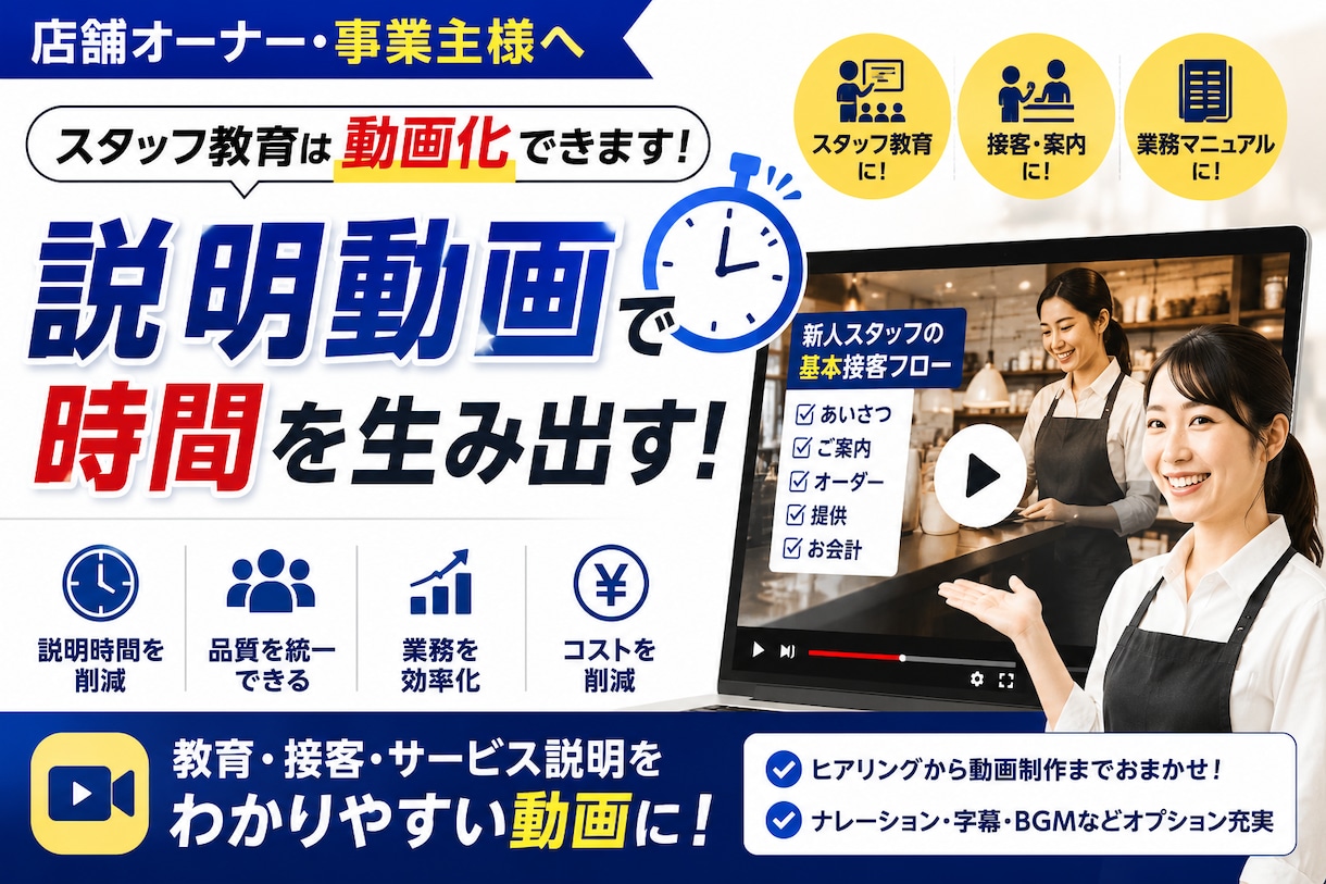 スタッフ教育・サービス案内を動画で効率化します 繰り返す説明を動画化し、あなたの時間を生み出します。 イメージ1