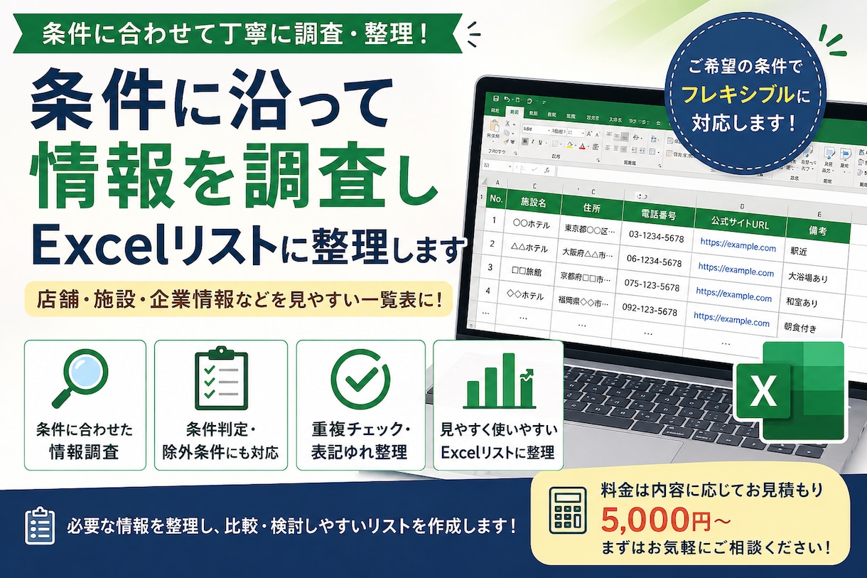 条件に沿って情報を調査しExcelリスト整理します 店舗・施設・企業情報などを条件に合わせて見やすい一覧表に イメージ1