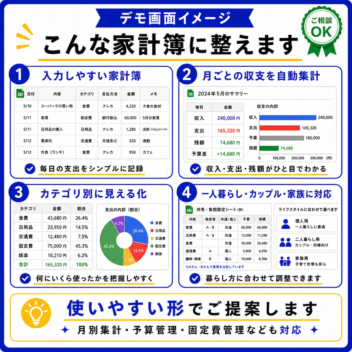 あなた専用の使いやすい家計簿シートを作ります 一人暮らし・同棲・家族の家計管理を見やすくします イメージ2