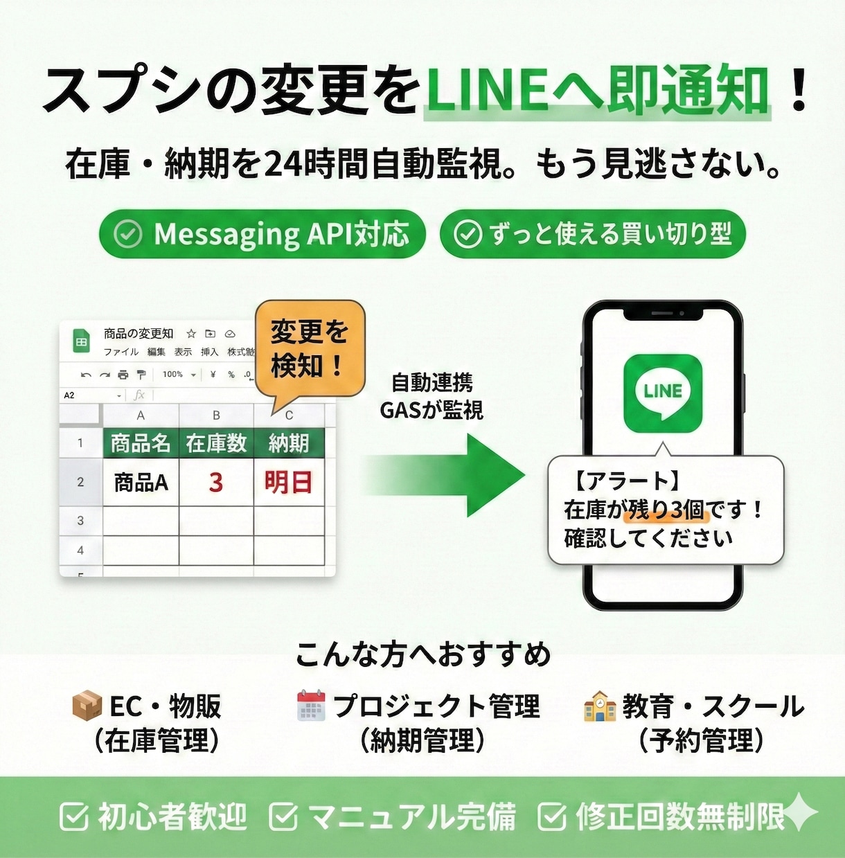 GASでスプシの変更をLINEへ自動通知します 在庫・納期・ステータスを24時間自動監視！スマホに即通知 イメージ1