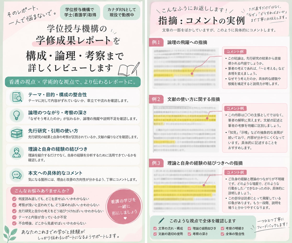 看護学の学修成果を構成・考察まで詳しく添削ます 文章の構成・論理・考察・文献の使い方まで丁寧に確認します。 イメージ1