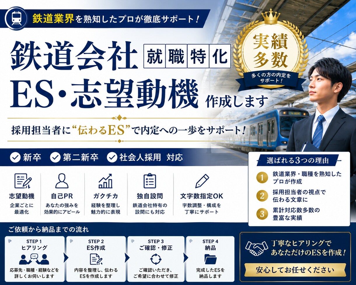 鉄道会社への就職に特化したESを作成します 志望動機・自己PRなど鉄道業界向けのES作成をサポートします イメージ2