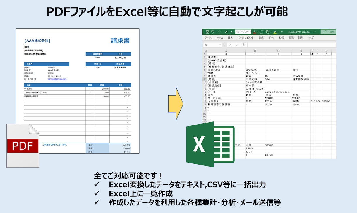 PDFをExcelに自動変換するツールを提供します 大量ファイルの変換や、一覧への自動反映も対応します イメージ2