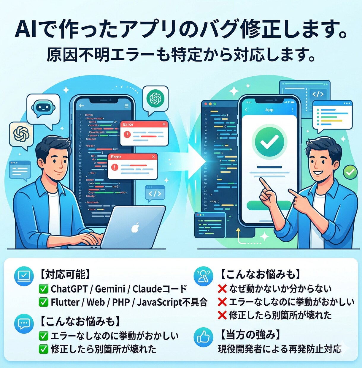 AI製も対応可能。アプリのバグ修正します 原因不明エラーも特定から対応します イメージ1