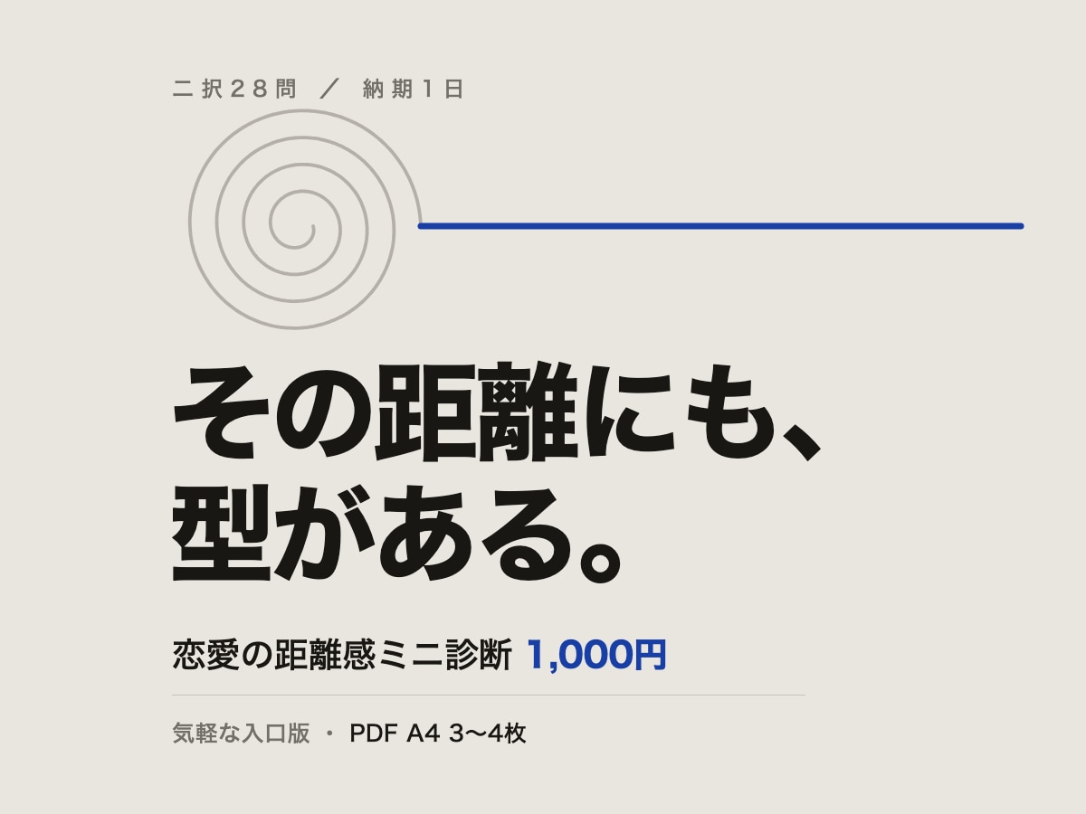 28問で恋愛の距離感タイプを診断します 近づき方と離れ方の癖を、A4数枚のPDFでお届け イメージ1
