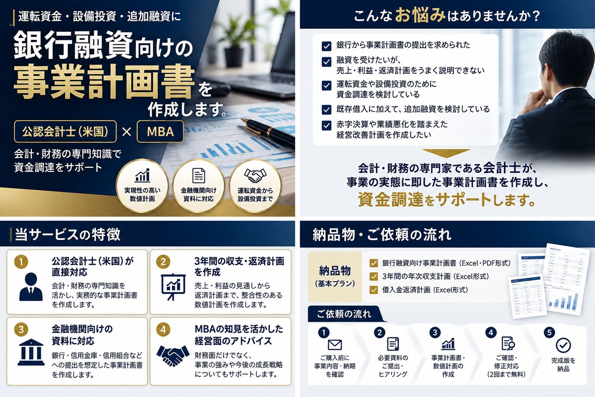 会計士が銀行融資向けの事業計画書を作成します 公認会計士（米国）・MBAが資金調達をサポート イメージ1