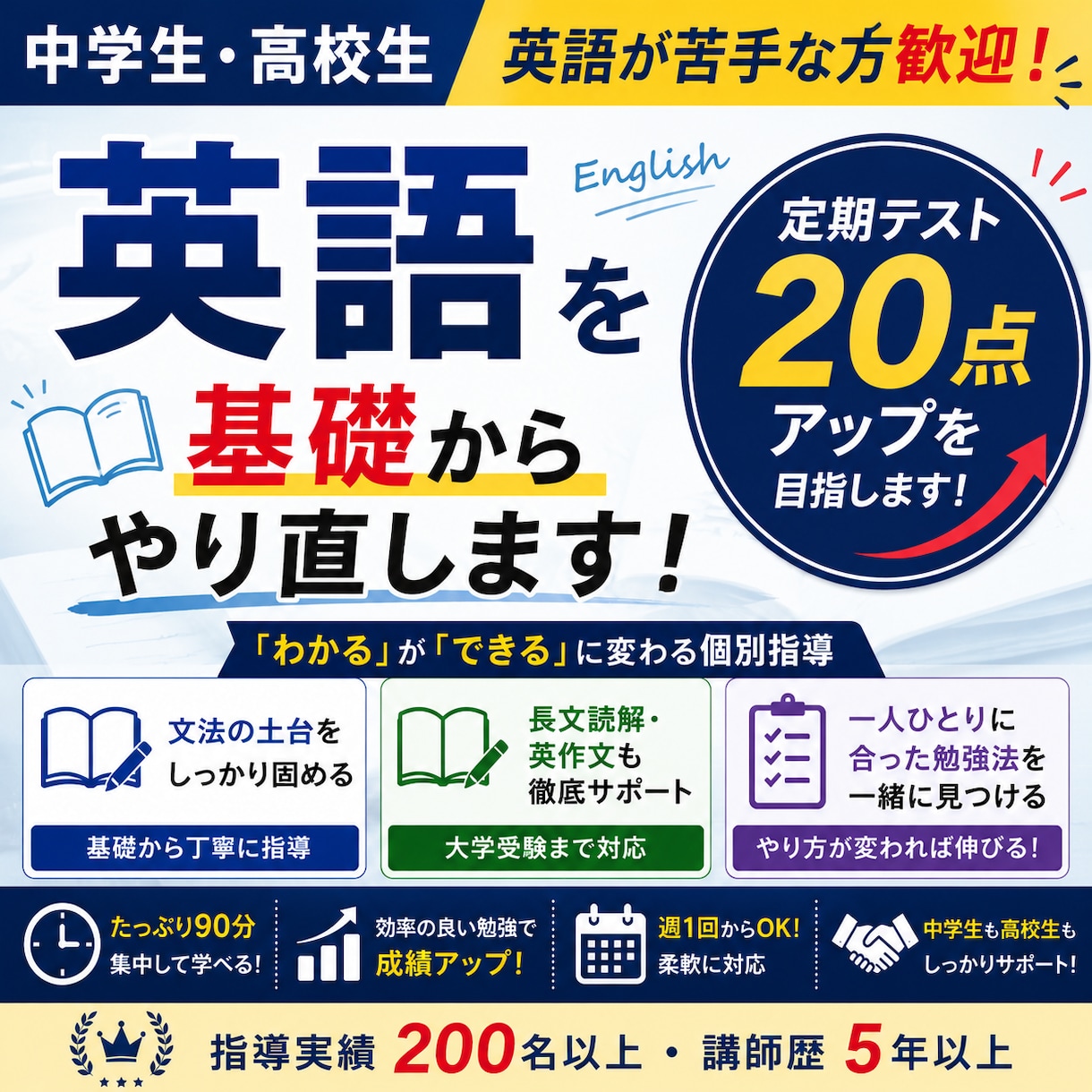 中学生・高校生｜英語が苦手でも平均点を目指します 継続受講者向け｜90分授業を2回行います イメージ1