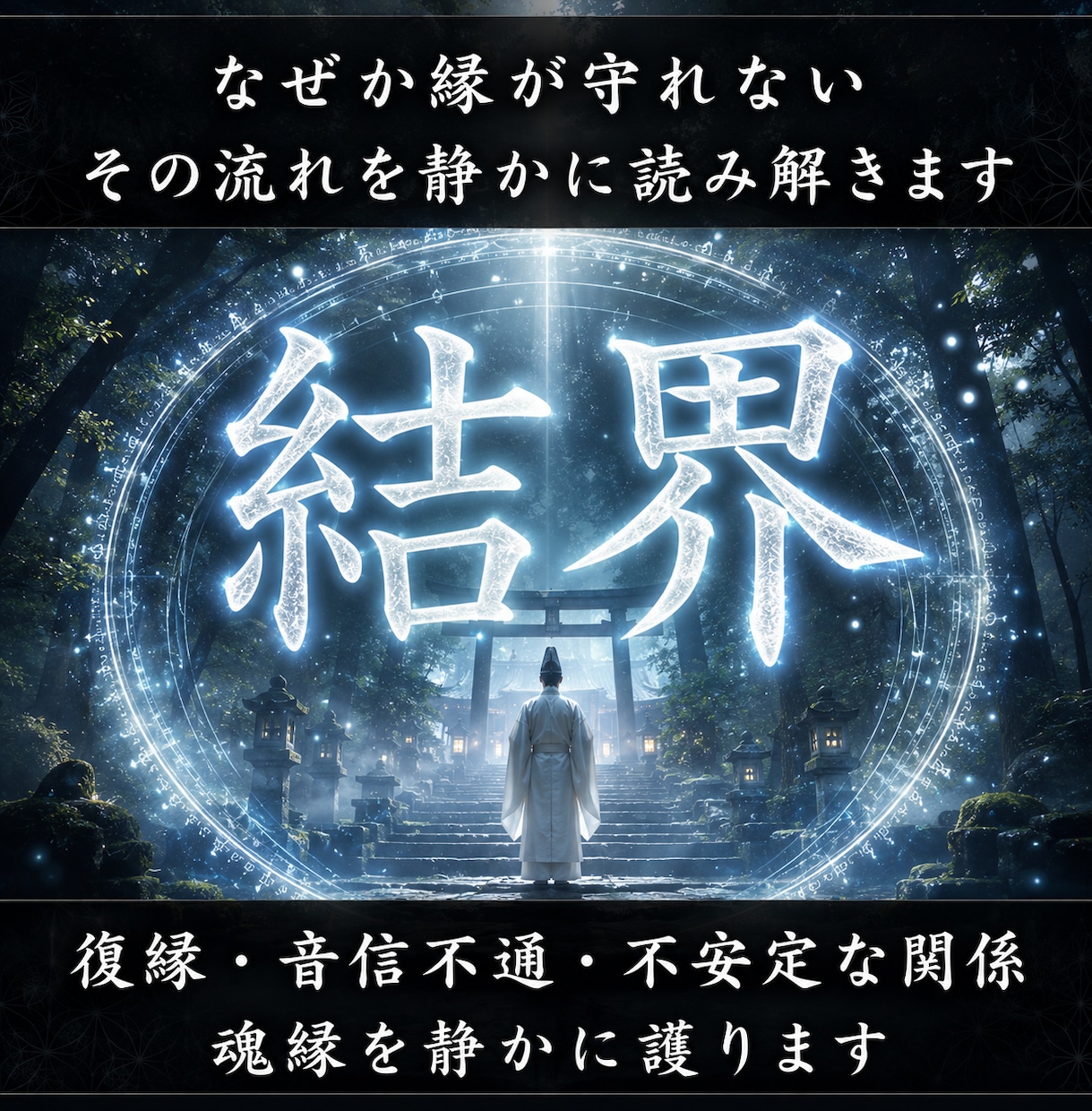 神域の結界で乱れた因縁を払い、大切な縁を守ります なぜ関係が壊れてしまうのか。念の澱みを払い、魂の流れを護る。 イメージ1
