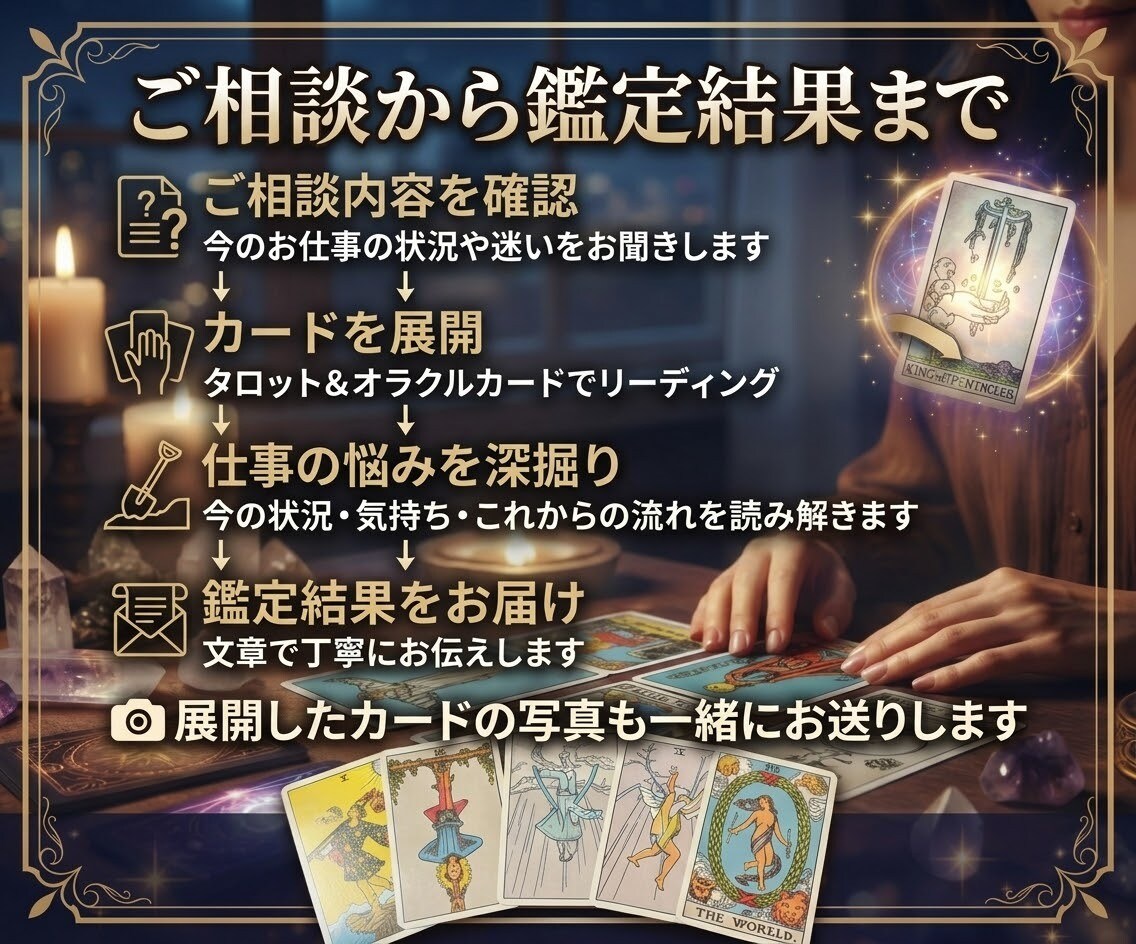 今の仕事を続けるべきかタロットで読み解きます 続けるか転職か、仕事の迷いをカードから丁寧に読み解きます イメージ4