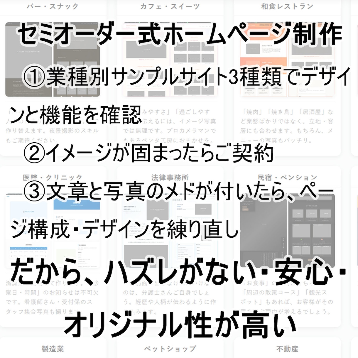 ご自分で更新できるホームページを制作します 業種別サンプルサイトでデザイン・機能を確認 その後に契約 イメージ2
