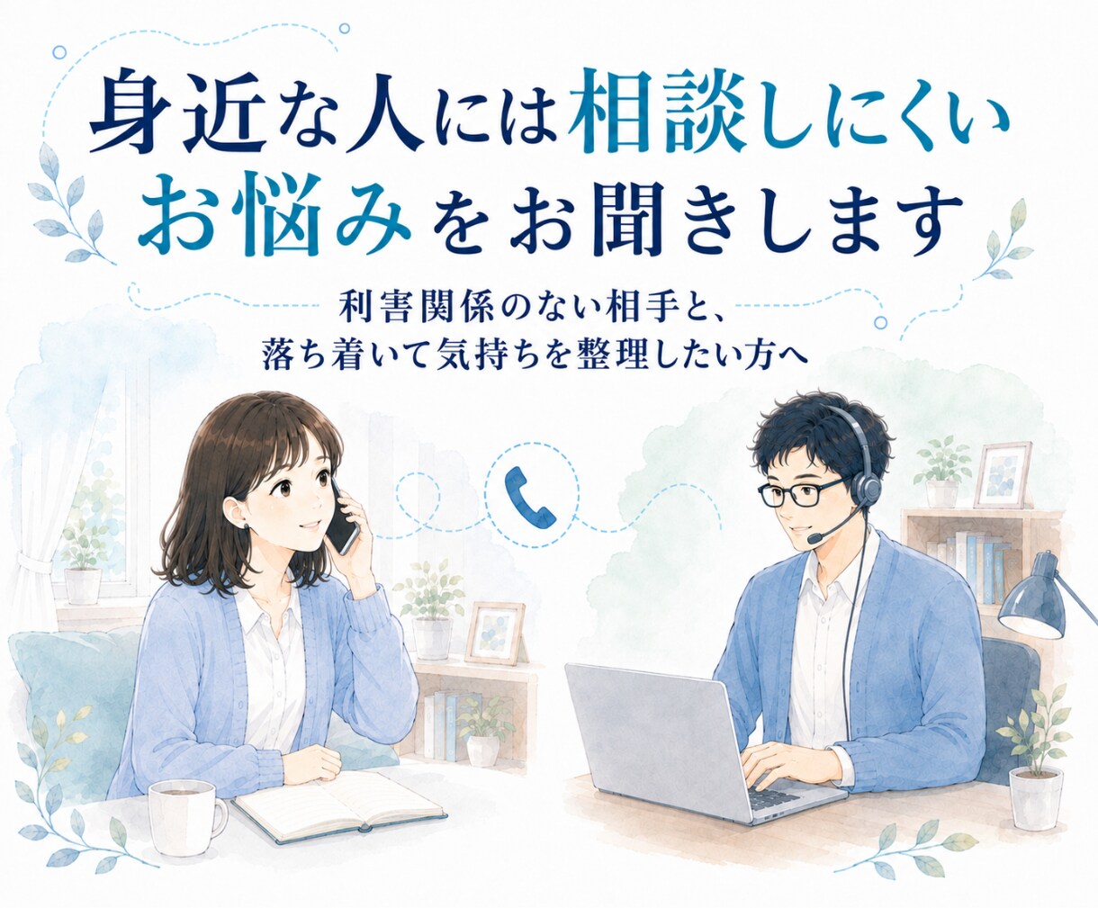 身近な人には相談しにくいお悩みをお聞きします 利害関係のない相手と、落ち着いて気持ちを整理したい方へ イメージ1