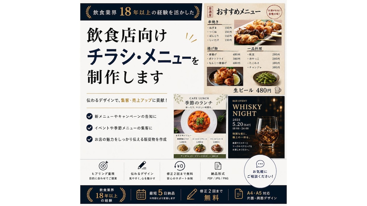 飲食店向け集客チラシを作成します 飲食店経験を活かし伝わる販促物を制作します イメージ1