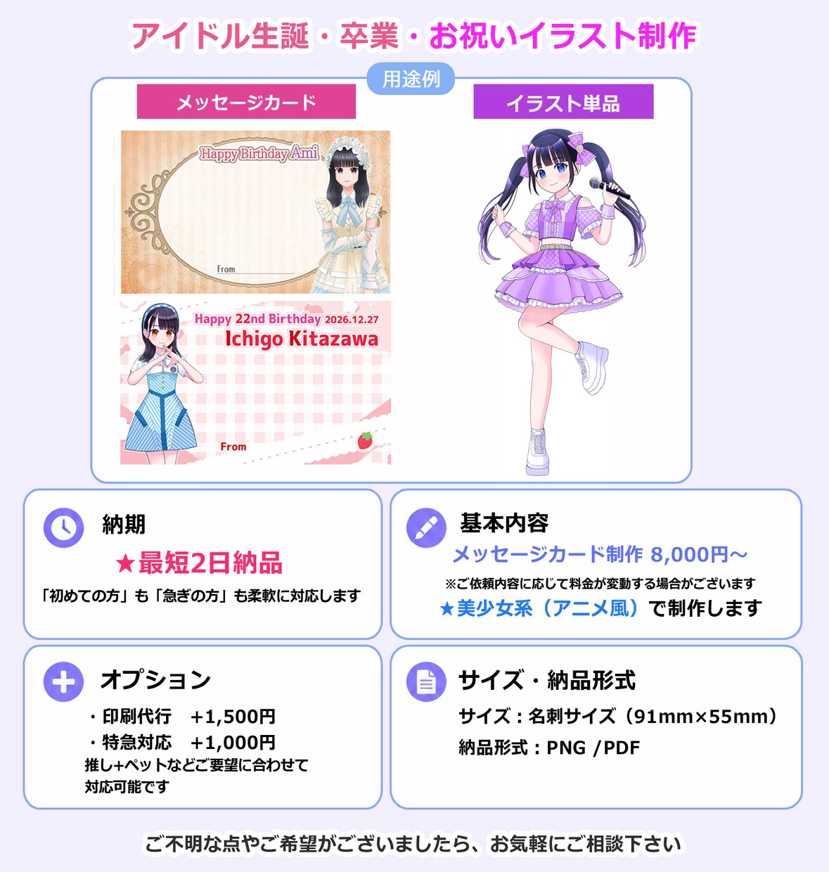 華やかなのアイドル生誕メッセージカードを制作します 生誕祭を彩るイラスト制作｜最短3日納期・印刷代行も対応します イメージ8