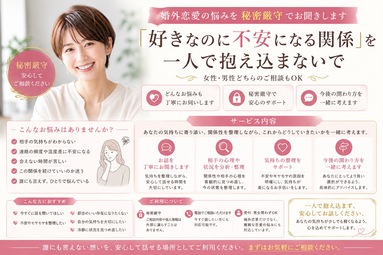 婚外恋愛のお悩み、秘密厳守でお話しお聞きします 「好きなのに不安になる関係」を、一人で抱え込まないで。 イメージ2