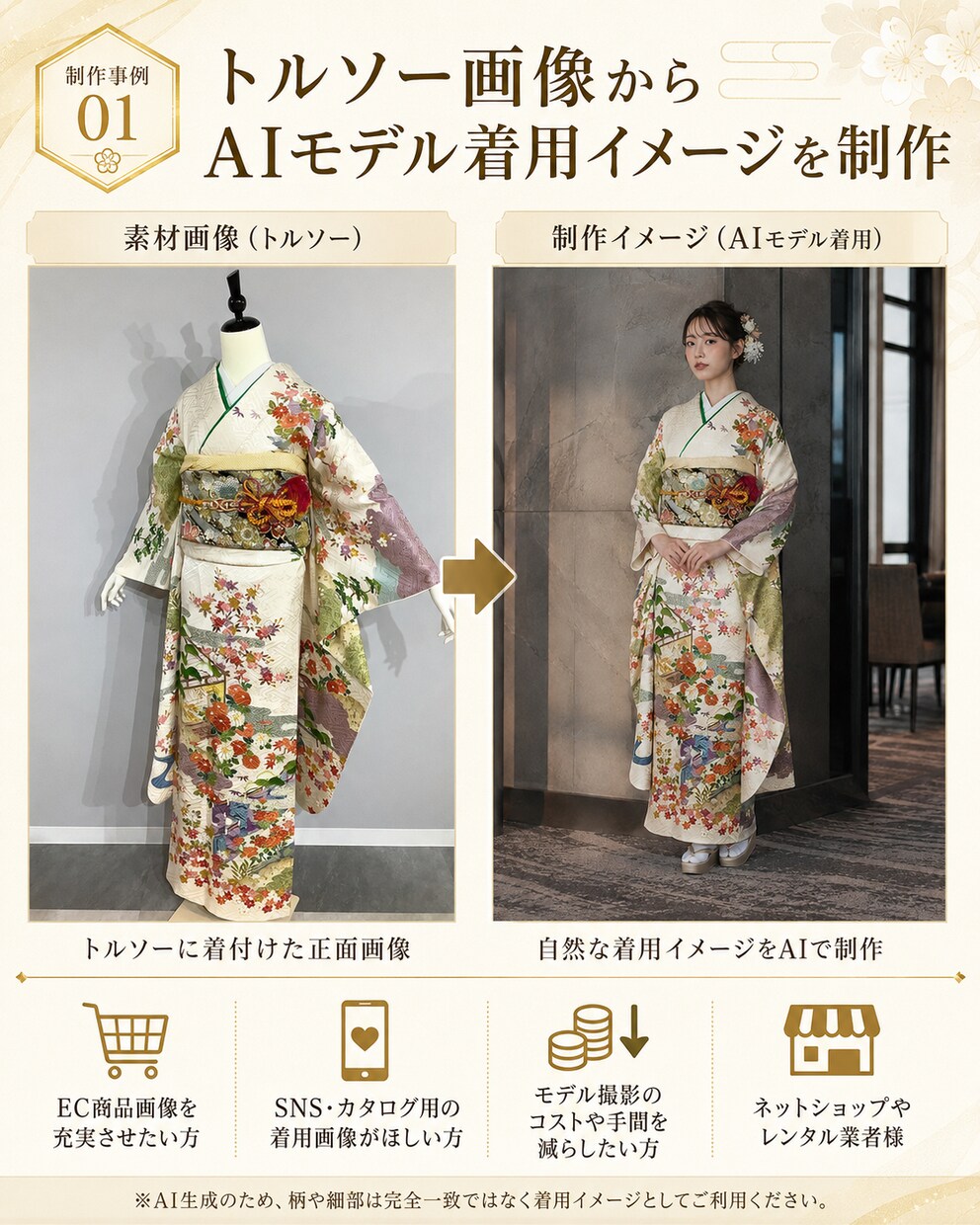あなたが売りたいその着物、AIモデルが着こなします トルソー画像からEC・SNS向け着物モデル着用イメージ制作 イメージ2