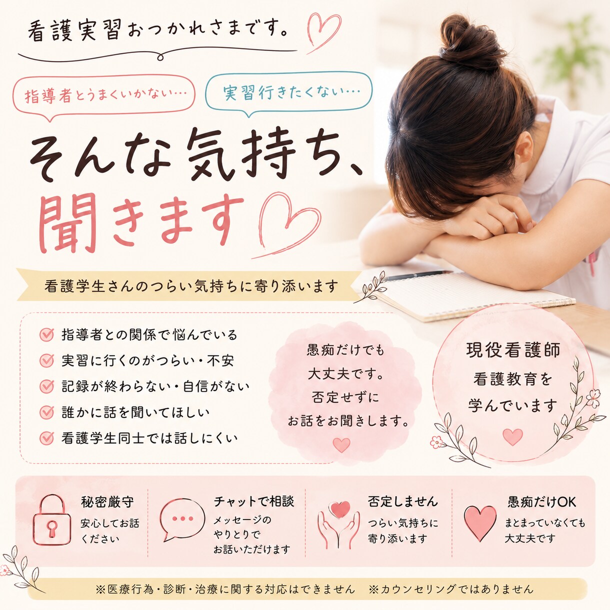 現役看護師が実習の悩みをお聞きします 指導者とうまくいかない、実習行きたくない…聞きます イメージ1