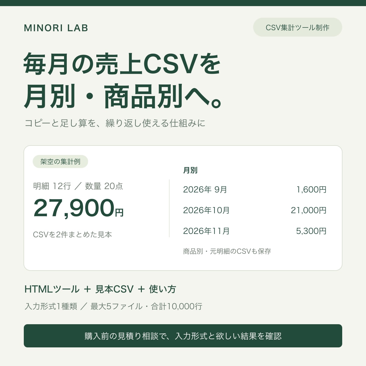 売上CSVの月別・商品別集計を自動化します 毎月のコピーと足し算を、繰り返し使える集計ツールへ イメージ1