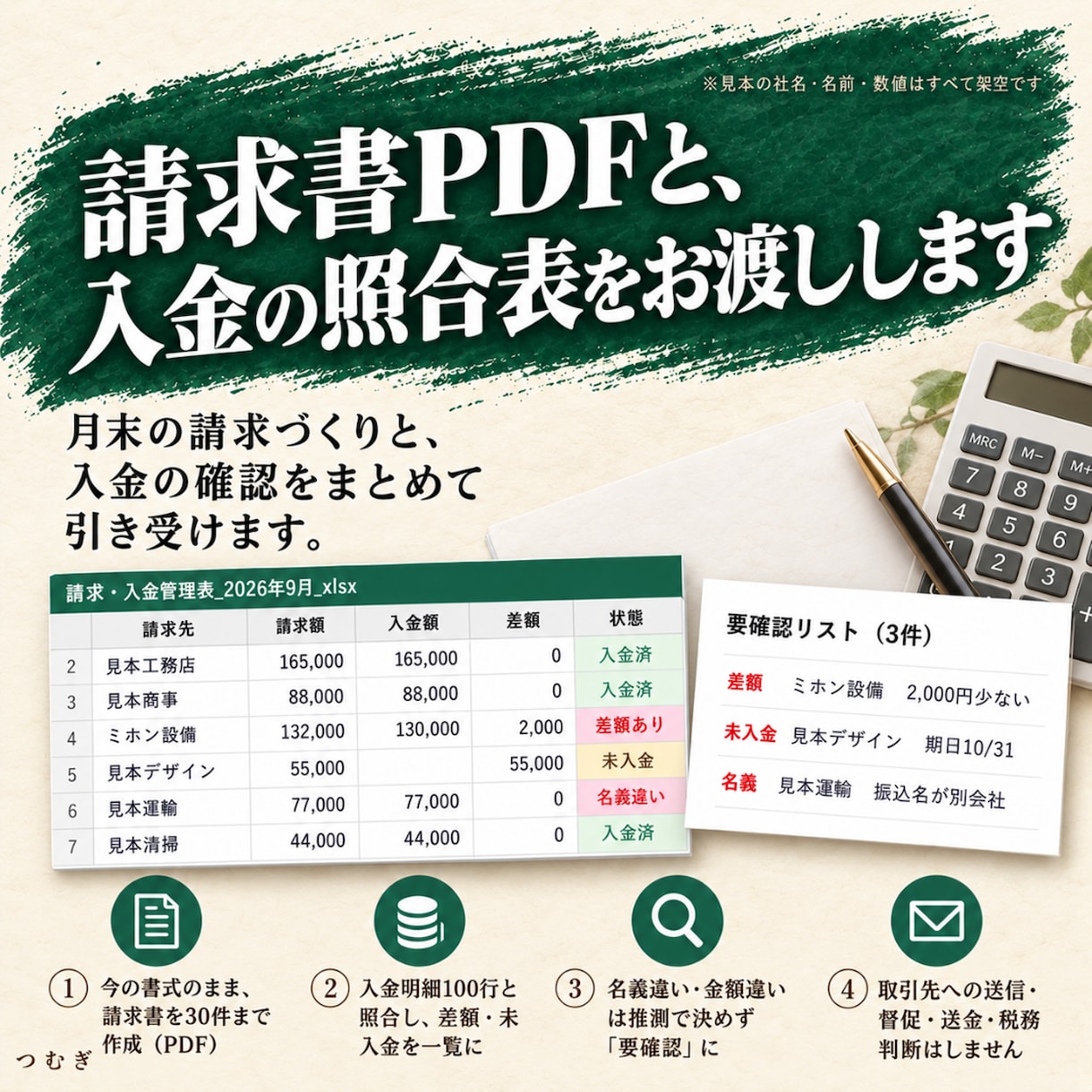 丸投げOK！月末の請求書作成と入金確認を代行します 即日返信。請求30件まで。請求書PDFと入金一覧を毎月納品 イメージ2