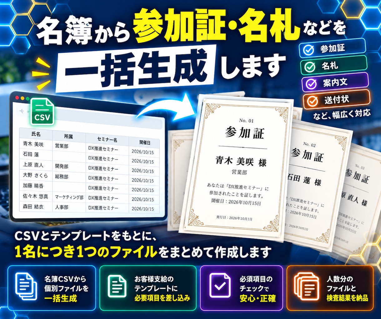 名簿から参加証・名札などを一括生成しますます CSVとテンプレートから定型資料をまとめて作成します イメージ1