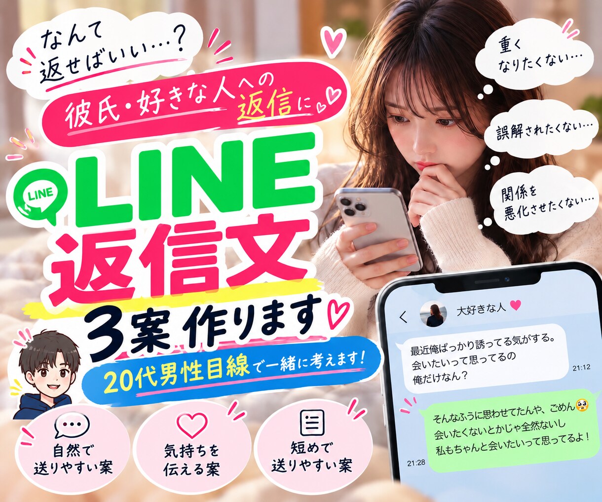 男性目線で恋愛LINEの返信文を3案作ります 「彼氏彼女・好きな人への返信を20代男性目線で一緒に考えます イメージ1