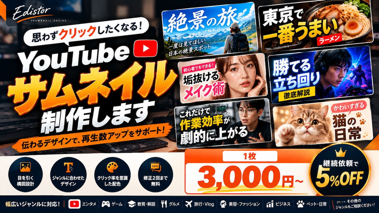 目を引くYouTubeサムネイルを制作します ジャンルに合わせた見やすいデザインを丁寧に制作！ イメージ1