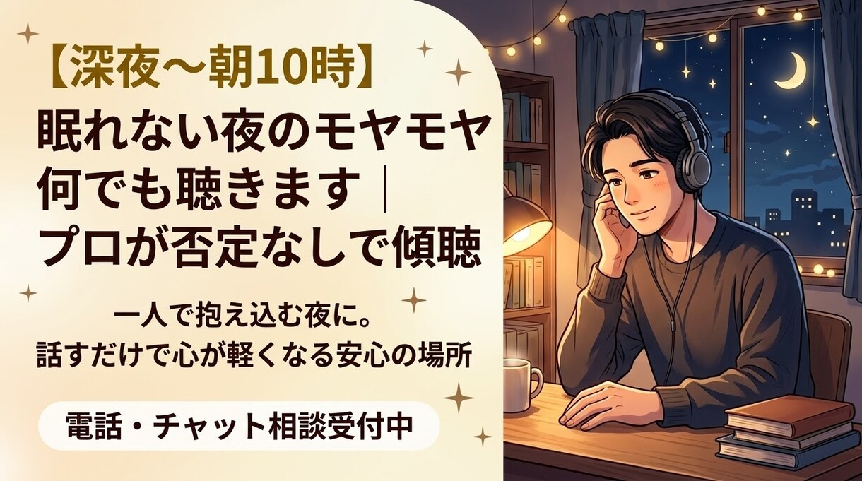 深夜〜朝｜眠れない夜の悩み愚痴など聴きます 一人で抱え込む夜に。話すだけで心が軽くなる安心のプロ傾聴 イメージ1