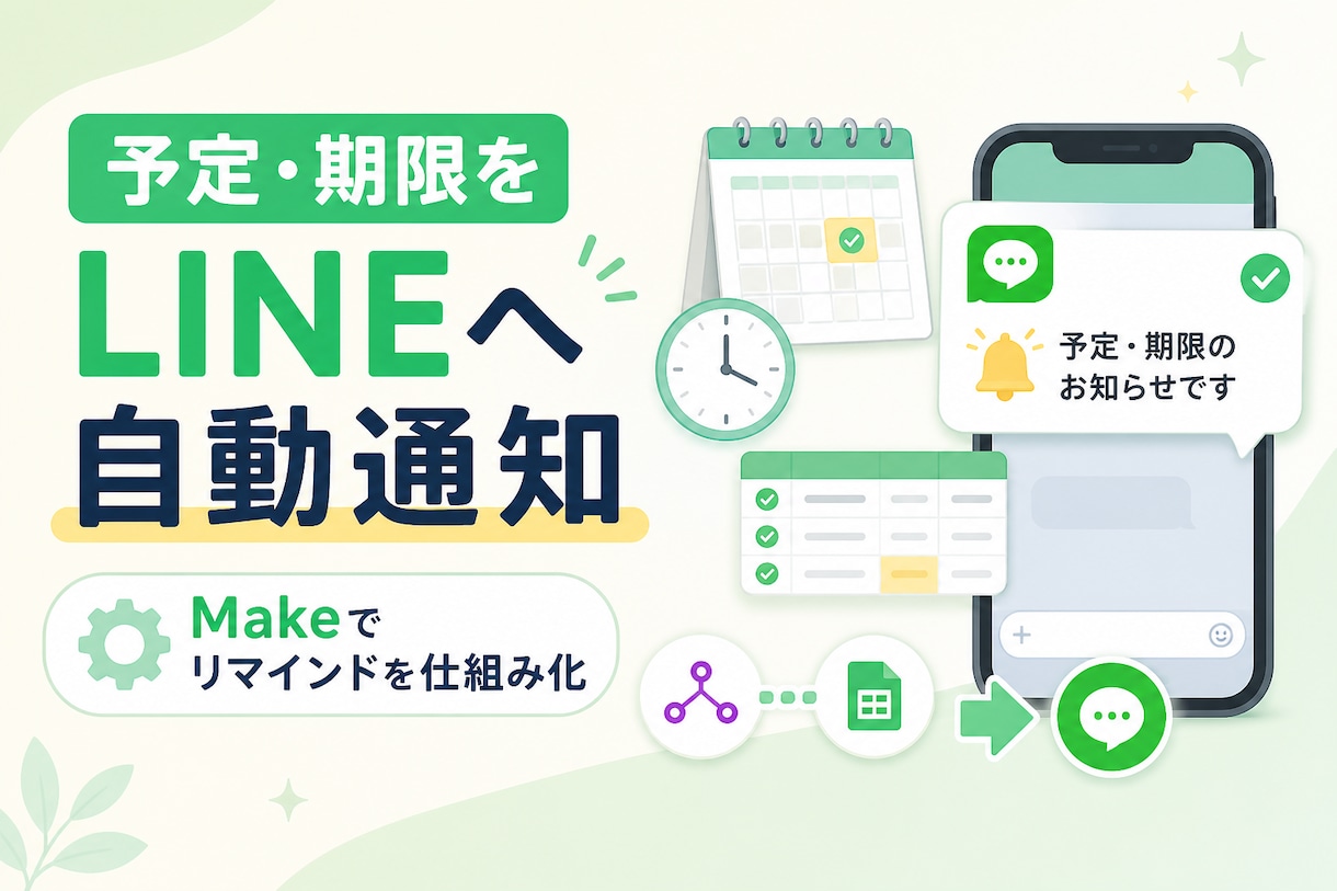 MakeでLINEリマインドを構築します 予定や期限をLINEへ自動通知！画面共有で一緒に設定 イメージ1