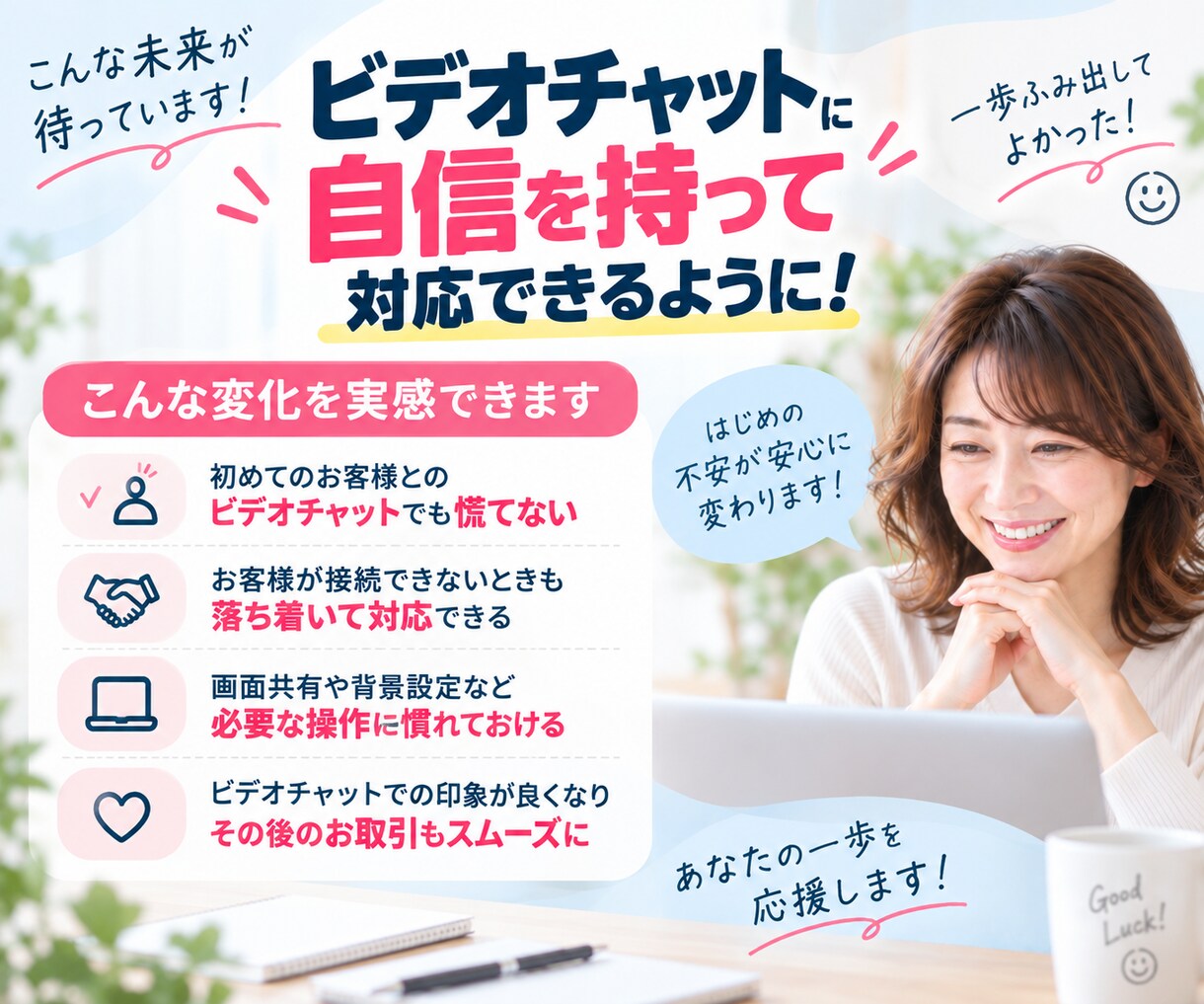 ビデオチャットの操作練習・テストのサポートをします 開催側の環境設定、お客様へのご案内方法、画面共有、背景設定 イメージ3