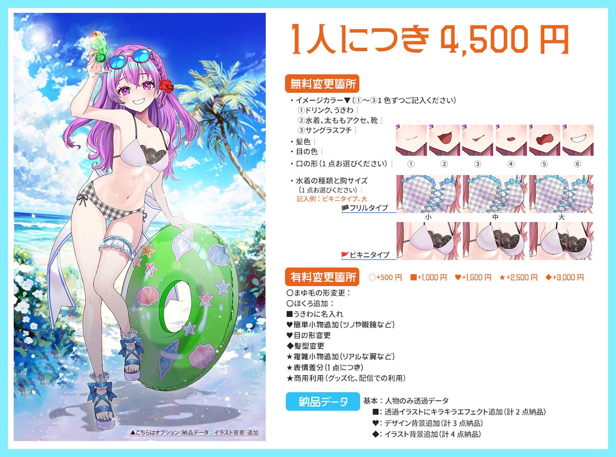 最短当日！IRIAM◎夏の水着イラスト描きます 配信にも！6種の水着から選べる◎キャラを即納でお書きします イメージ2