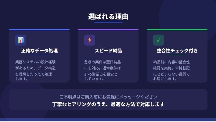 ExcelやCSVのデータ整形・入力を代行します ITエンジニアが正確・迅速にデータを処理いたします！ イメージ3