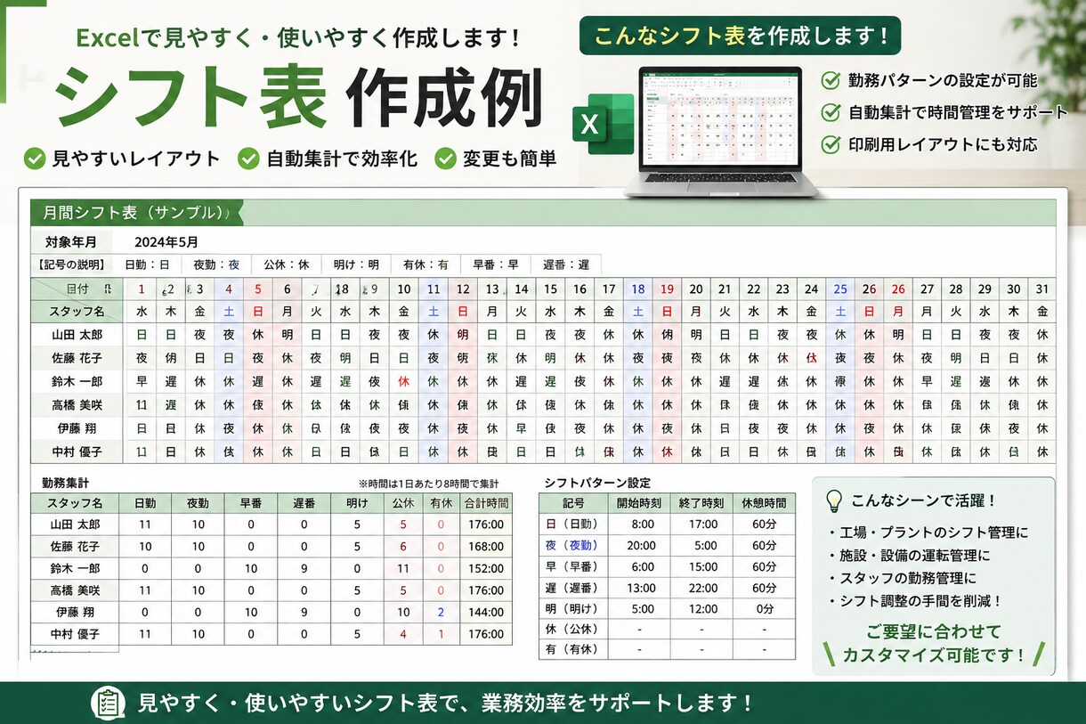 Excelで管理表・シフト表を作成します 現場経験を活かした使いやすいシートを作成します。 イメージ3