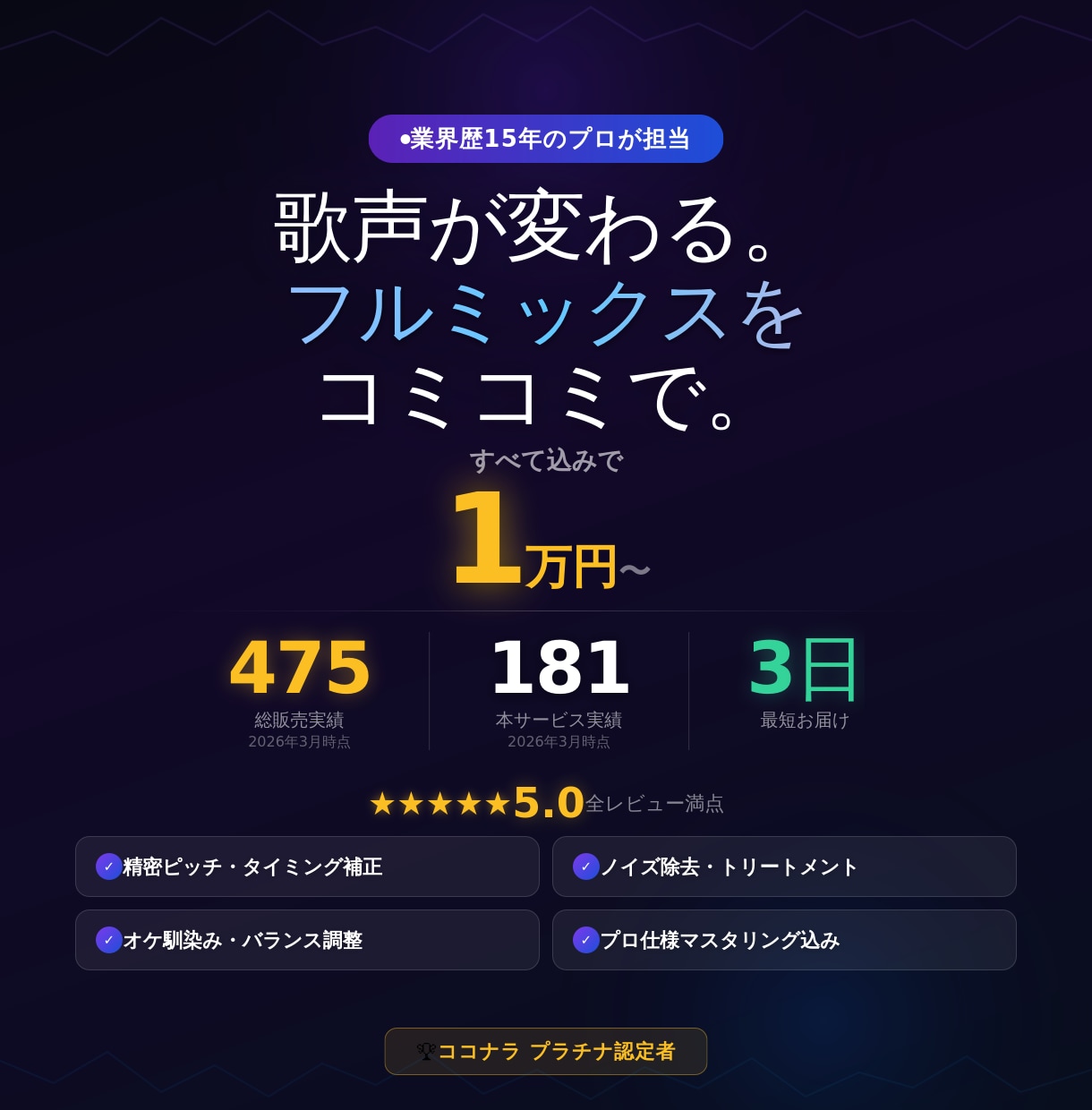 ボカロ・歌ってみたフルMIXをコミコミで仕上げます 実績475件のプロが歌声を市販CD級に仕上げます イメージ1