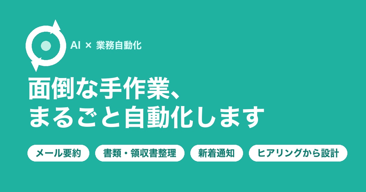 毎日の面倒な手作業、AIで自動化します 「毎回やってるアレ」を仕組みに変えて、手作業ゼロにします イメージ1