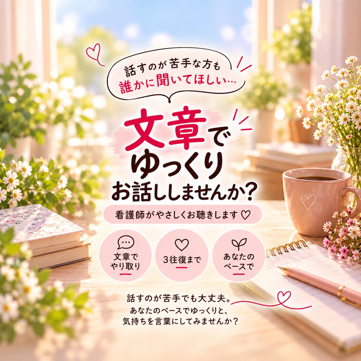 看護師が文章であなたのお話をやさしく聴きます 話すのが苦手でも大丈夫。あなたのペースでゆっくりと イメージ1
