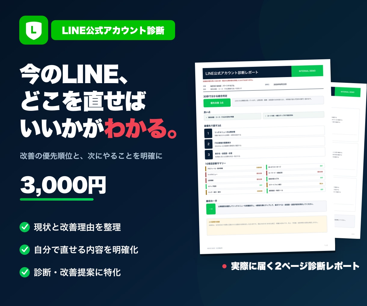 LINE公式アカウントを診断・改善提案します 良い点と優先して直す3点を、2ページで分かりやすく整理 イメージ1