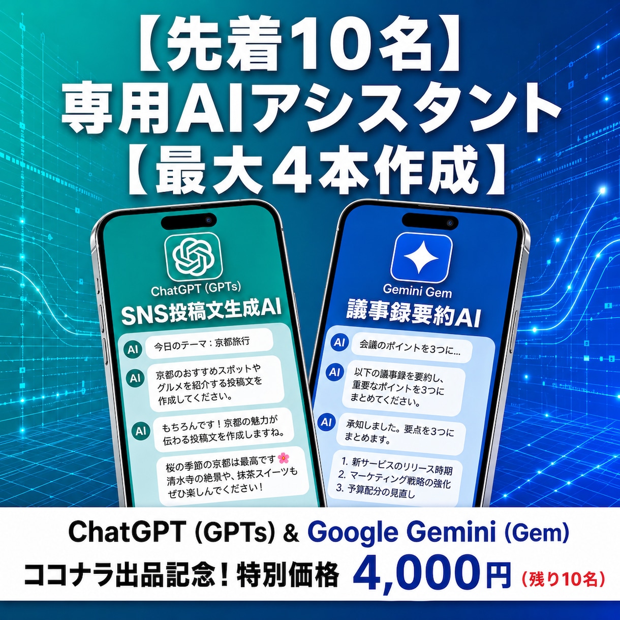 専用のGPTsやGemを作ります 実務プロンプトを構築し、面倒な日常業務を4本まで自動化します イメージ1