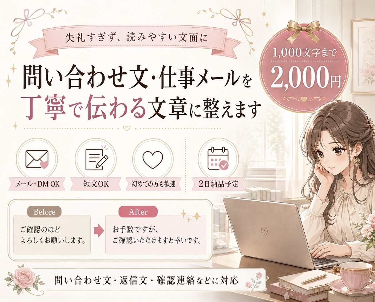 問い合わせ文・仕事メールを丁寧な文章に整えます 事務経験を活かし、伝わりやすく丁寧な文面に整えます。 イメージ1