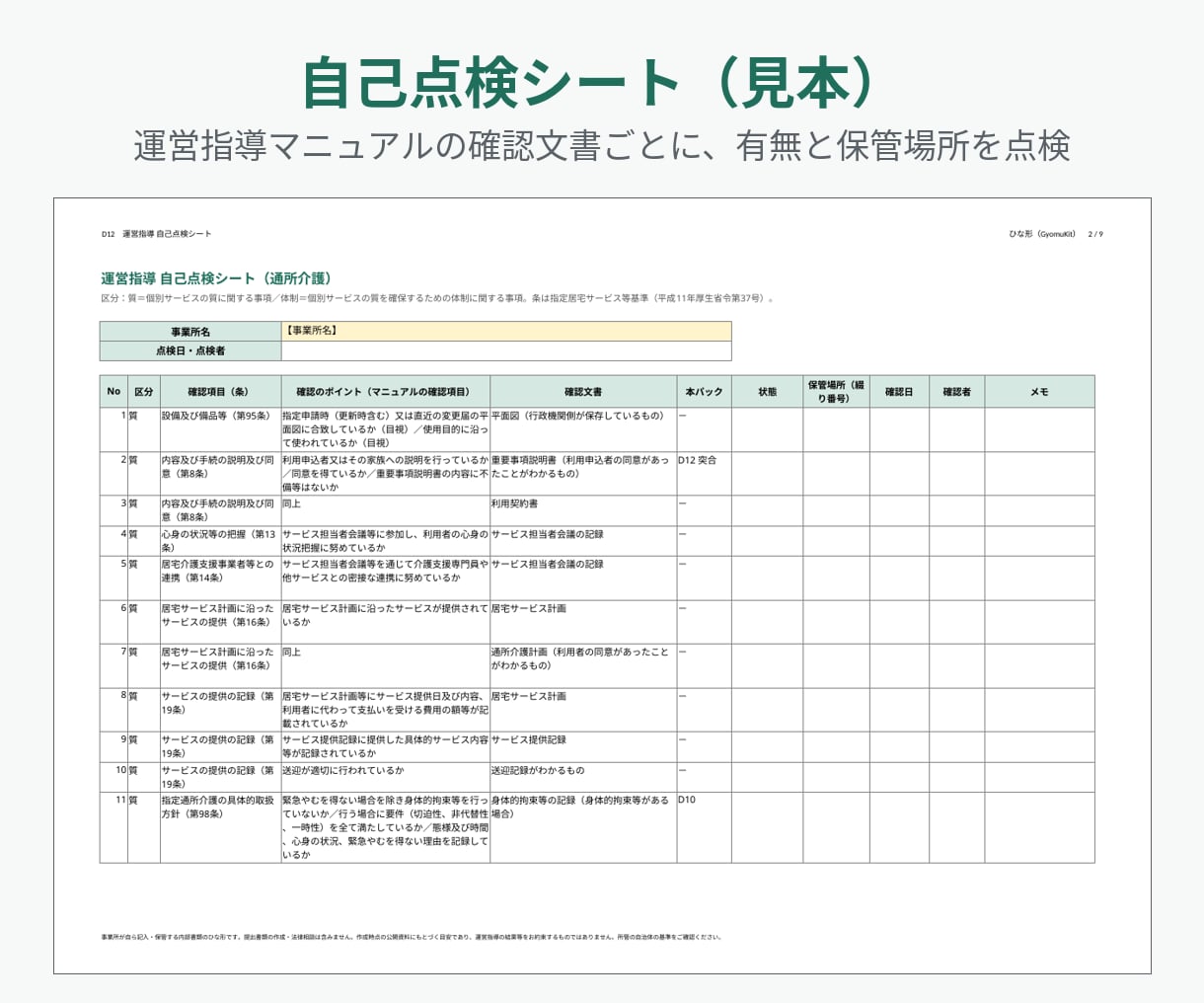 通所介護の運営指導に備える内部書類ひな形を渡します 指針・研修計画・議事録様式・BCP・自己点検シートをまとめて イメージ3
