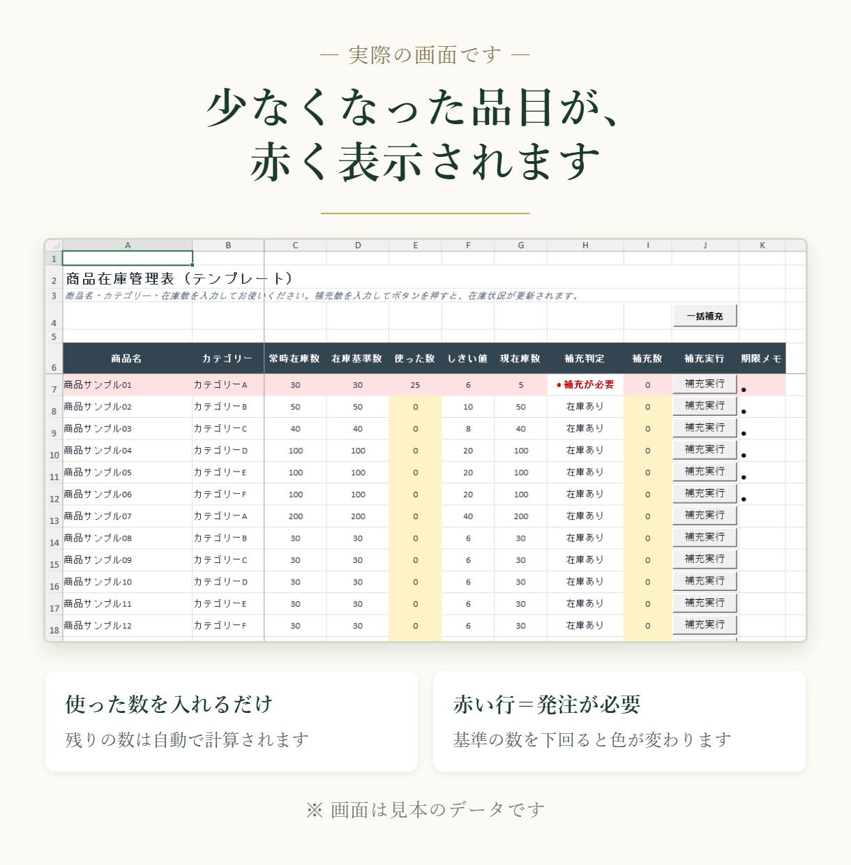 医療材料の在庫と使用期限を1枚で管理します 発注が必要なものも、期限が近いものもひと目で分かる イメージ5