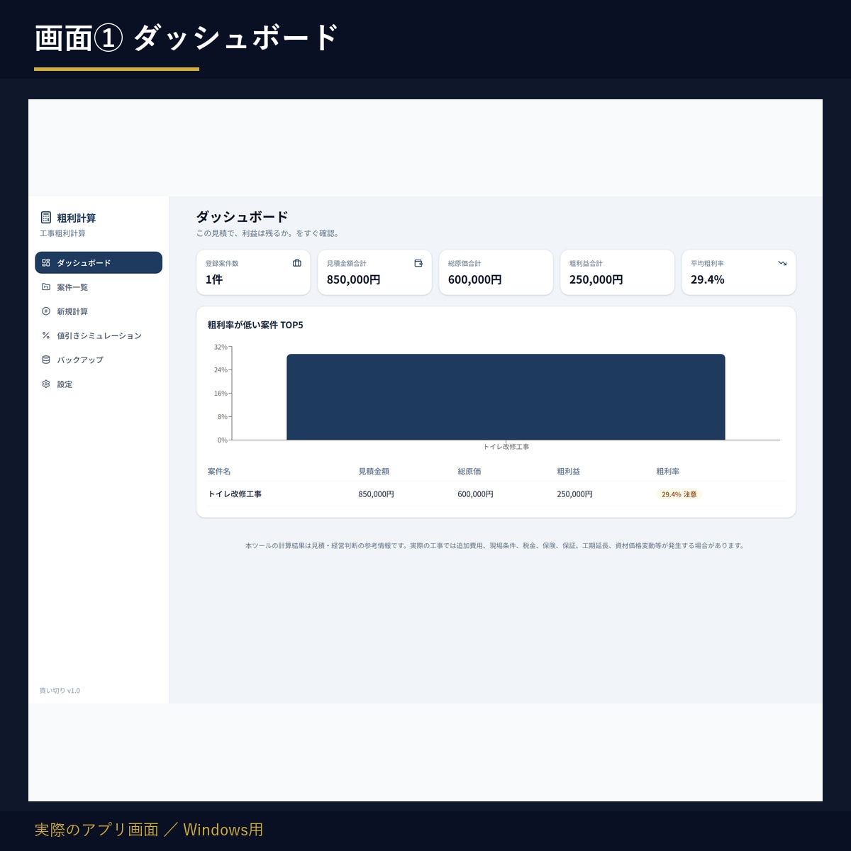 工事見積の粗利計算ソフトを販売します Excel不要。買い切り3,000円。Windows用 イメージ4