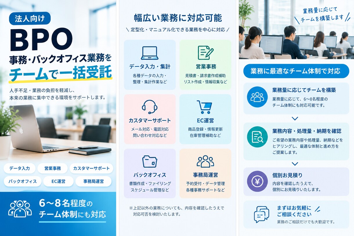 法人向け｜事務業務をチームで一括受託します 業務量に応じてチーム体制を構築し、幅広い業務を一括受託 イメージ3