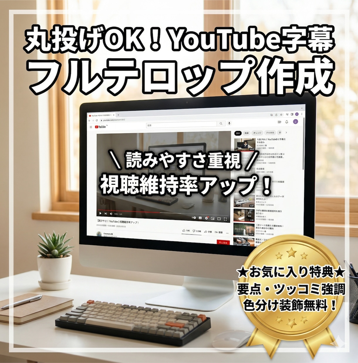 YouTube動画の字幕フルテロップ作成します ★お気に入り特典：強調装飾無料★丸投げOK！読みやすい字幕 イメージ1