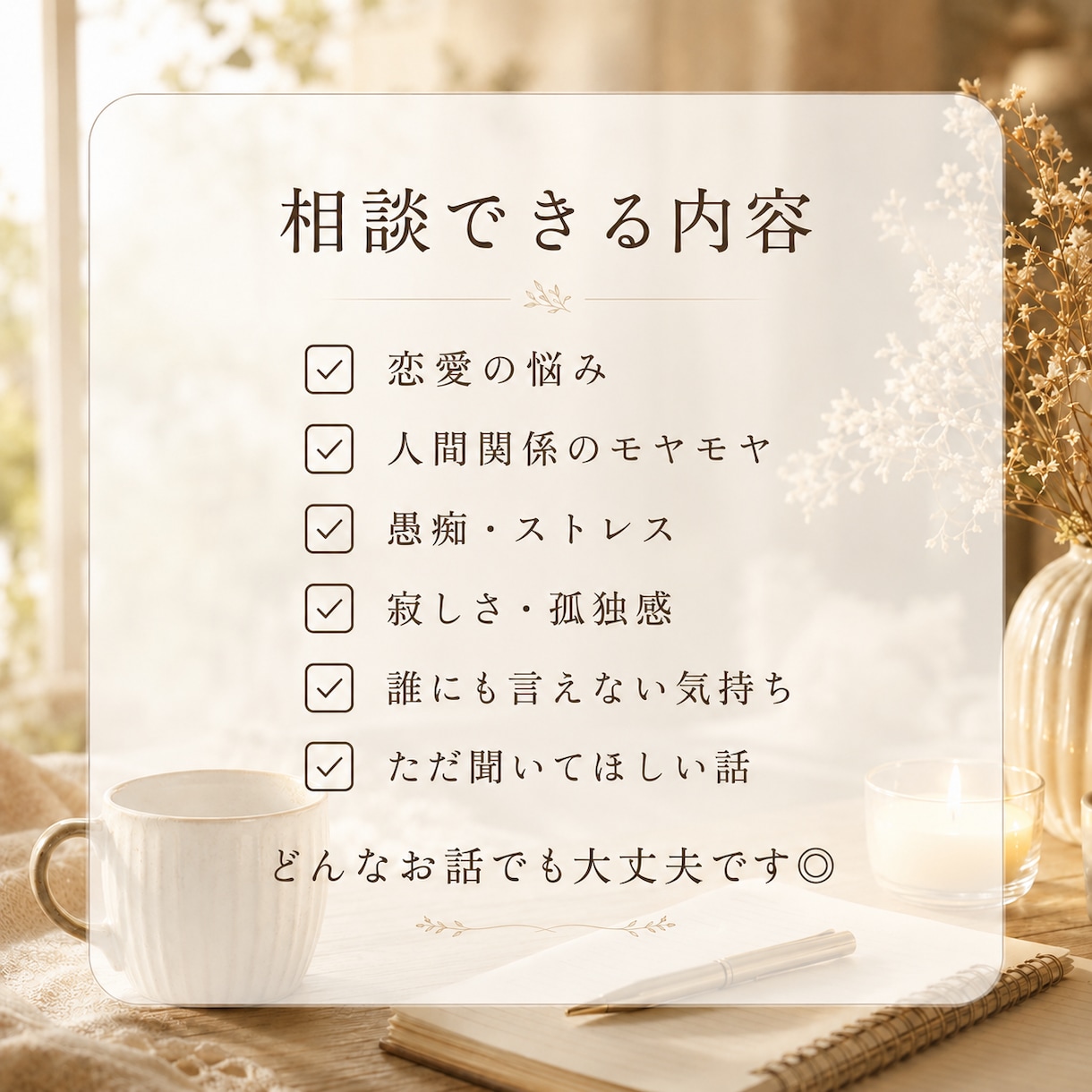 ちゃんと話を聞いて！あなたのお話をお聞きします 誰にも言えない愚痴やモヤモヤをやさしくお聞きします イメージ5