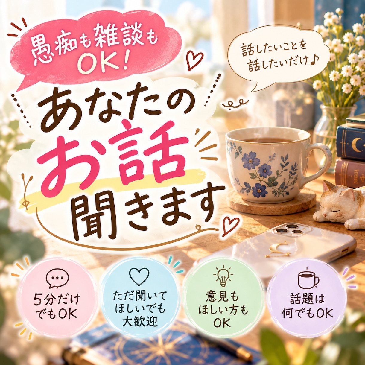 愚痴も雑談もOK！気軽にお話し聞きます 5分だけでも大歓迎♪ただ聞いてほしいも、意見がほしいもOK！ イメージ1