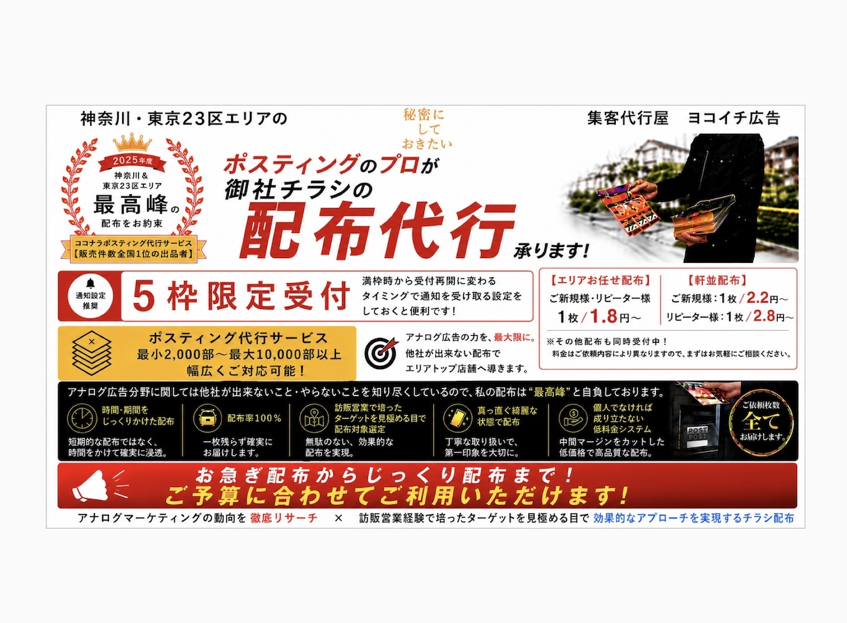 神奈川・東京23区ポスティング代行承ります 個人経営の専門業者だから実現出来る低料金×高品質な配布代行 イメージ1