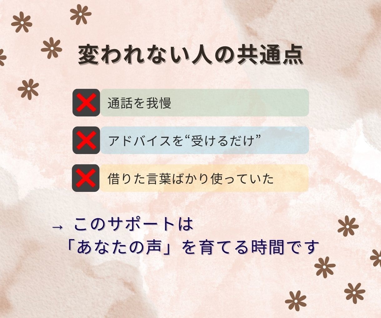 通話なし30日。文章だけで伝わる言葉を手に入れます 話すのが苦手でも大丈夫。 チャットで"伝える力"が整う30日 イメージ6