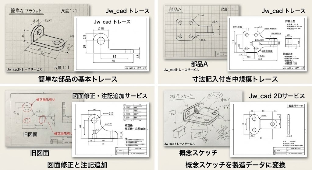 Jw_cadで機械部品の2D図面トレースします ポンチ絵や紙図面を正確な2D機械CADデータ（dxf等）へ イメージ1